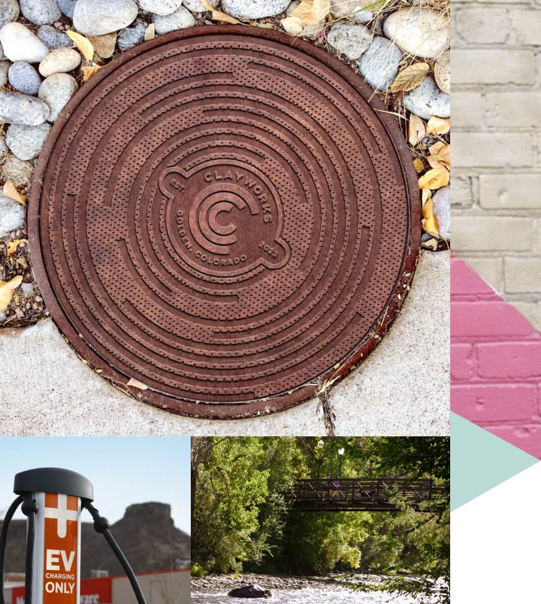 A collage of images including a manhole cover with the Clayworks logo, an electric vehicle charging station and a bridge crossing over Clear Creek.