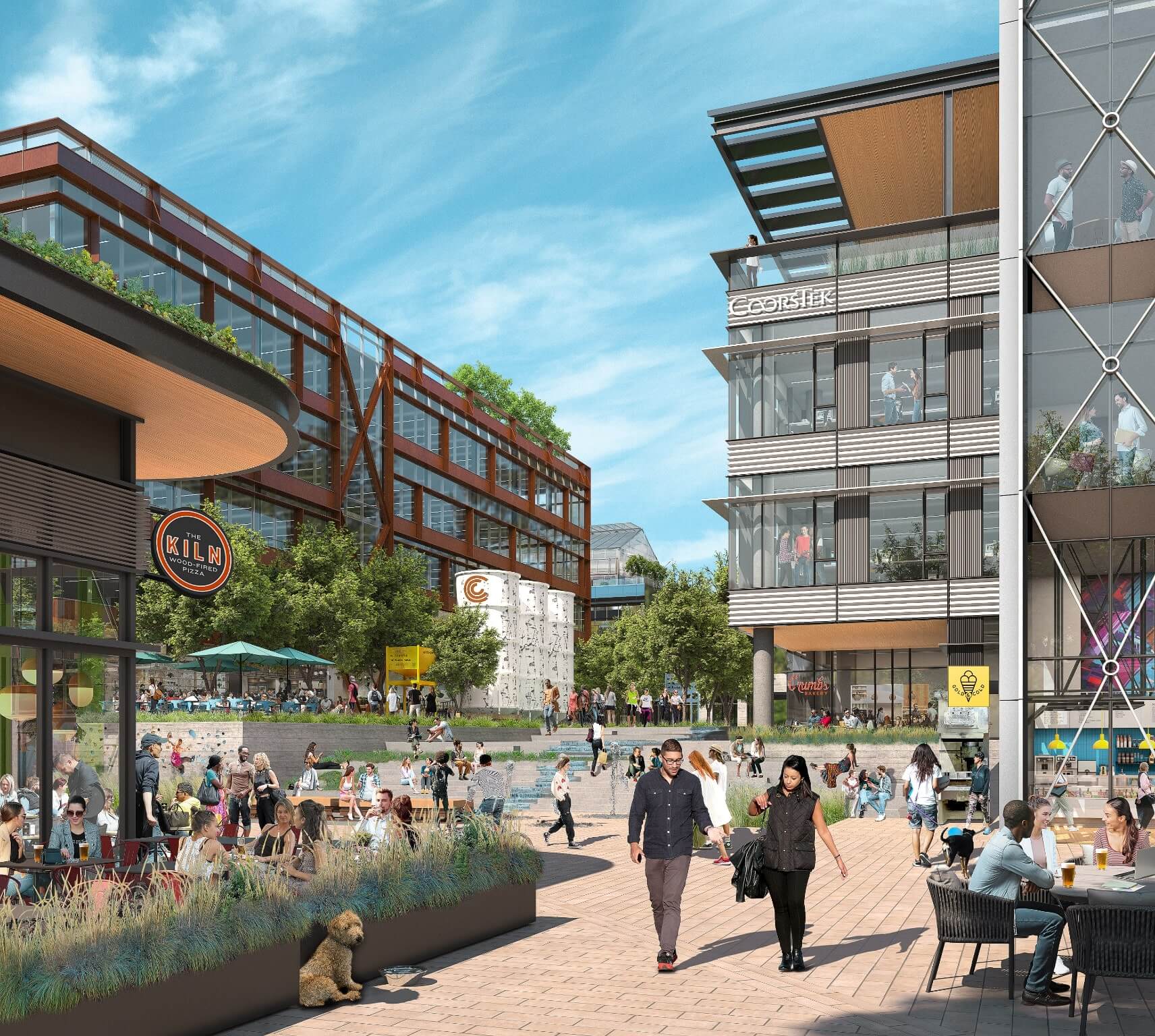 A rendering of people enjoying the restaurants, shops and outdoor space in a plaza at Clayworks