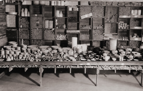 A black and white image of chemical porcelain labware created by Coors Porcelain Company.