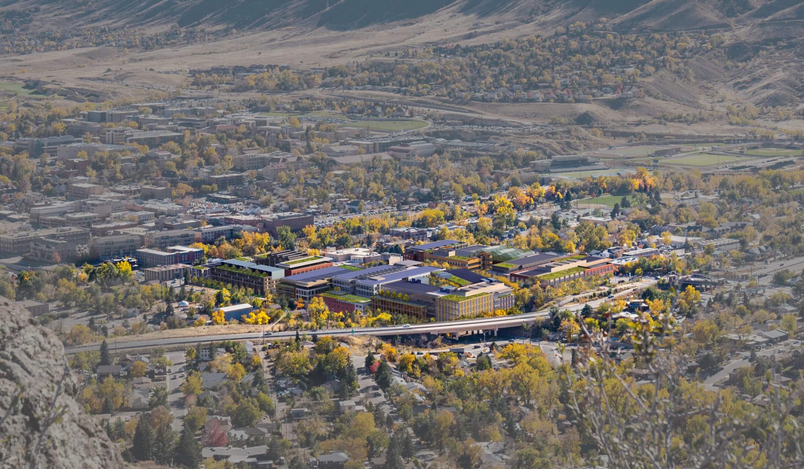 Aerial rendering of the Clayworks site in Golden, CO.